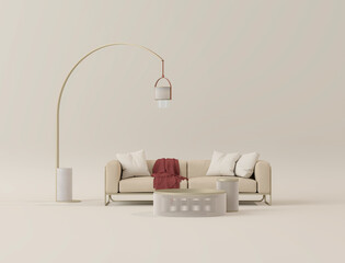 Minimalist interior design of modern living room with armchair, side table, plants and creative home accessories. 3d render	