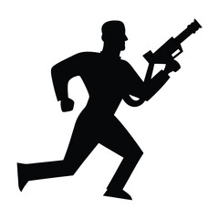 Silhouette of a man in motion holding a futuristic weapon ready for action