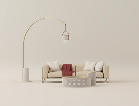 Minimalist interior design of modern living room with armchair, side table, plants and creative home accessories. 3d render	