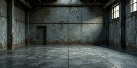 Obraz premium An Abandoned Industrial Space A Moody, Weathered Interior with Concrete Floor and Single Door