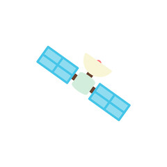 flat design of satellite with a central light green body, a light yellow parabolic dish antenna, and two rectangular arrays of light blue solar panels extending from its sides
