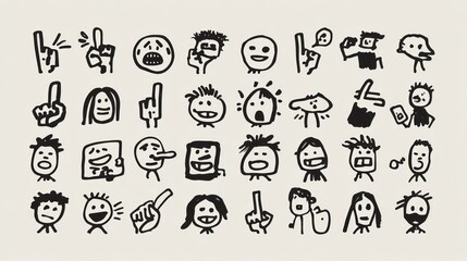 Collection of hand drawn human faces and gestures illustrations on beige background