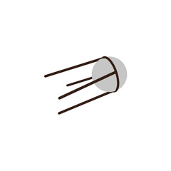 flat design of a satellite, resembling Sputnik. It has a light grey spherical body with a dark outline, and three dark brown, thin antennae or rods extending from one side, suggesting motion