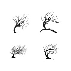 Set of four abstract windblown tree logos or icons. Minimalist black and white vector graphics of bare, stylized trees with branches curving from the force of the wind