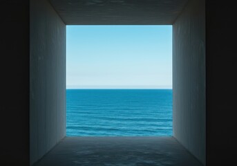 Beautiful blue ocean horizon seen through a simple, square architectural frame, highlighting vastness and confinement. Minimalist perspective ,vast ,frame ,simplicity