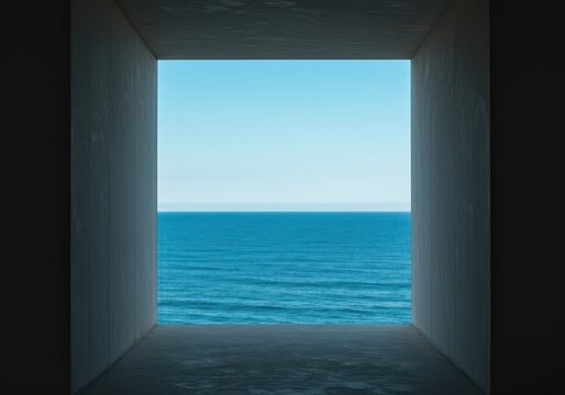 Fototapeta Beautiful blue ocean horizon seen through a simple, square architectural frame, highlighting vastness and confinement. Minimalist perspective ,vast ,frame ,simplicity
