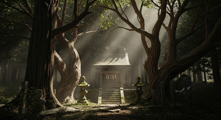 Japanese Shrine in Lush Forest with Sunlight Piercing Through the Trees