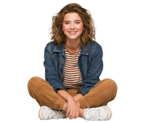 Smiling and happy Caucasian teen girl sitting on floor with legs crossed, wearing jean jacket and corduroy pants, isolated on white or transparent background