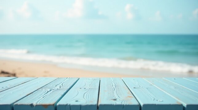 Serene Coastal Tabletop  A tranquil ocean vista blurred in the background, showcasing a light blue wooden surface perfect for showcasing summer products or idyllic beach scenes.