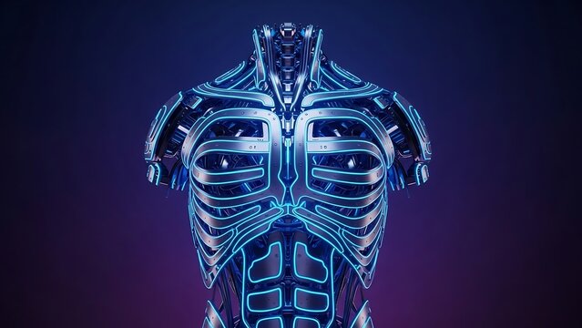 Abstract illustration of a futuristic robotic torso with glowing blue lines
