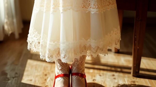 Little girl in a white dress and red shoes standing on a wooden floor.