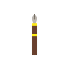 flat design of pen with a dark brown body, a gold band, and a silver nib, all outlined in dark brown