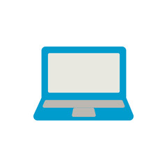 flat design of laptop with a blue body, a dark gray keyboard area, and a light gray screen, all outlined in dark brown
