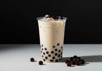 A refreshing close-up shot of creamy iced milky beverage with chewy dark tapioca pearls in a clear plastic cup on a bright surface background ,boba ,dark ,street food