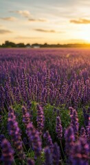 Naklejka premium A stunning wide angle panoramic view showing endless rows of deep purple salvia flowers softly blurring against the bright golden summer sky ,Salvia ,endless ,cultivation