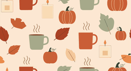 Delightful seamless autumn pattern with cozy elements pumpkins, warm mugs, colorful leaves, and soft glowing candles