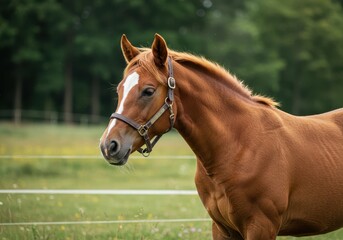 Obraz premium A beautiful young horse showing the classic soft coloring known as foal brown, standing peacefully in a sunny field ,cute ,gentle ,pasture