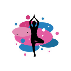 Silhouette of a woman in a yoga tree pose against a colorful, abstract background of ovals and circles.
