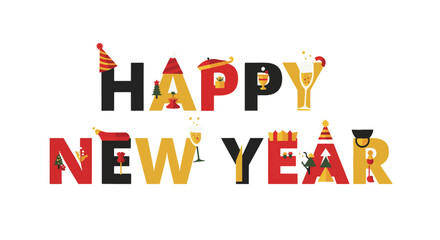 Vibrant and festive typographic illustration celebrating the arrival of a new year, featuring decorated letters with party elements and confetti