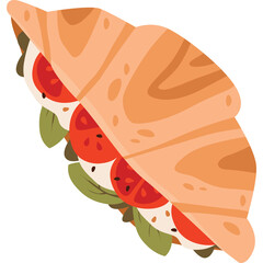 Flaky golden brown croissant sandwich filled with fresh mozzarella slices ripe red tomatoes and green basil leaves on a white background