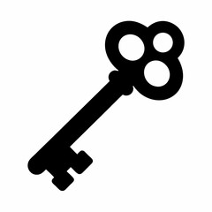 A vintage key with a decorative clovershaped head rendered in silhouette style