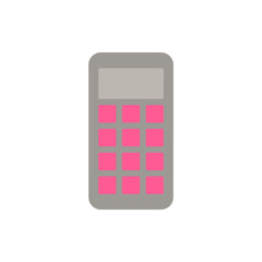flat design of calculator. It features a rectangular grey body with rounded corners, a dark grey display screen at the top, and twelve pink square buttons arranged in a grid below the screen