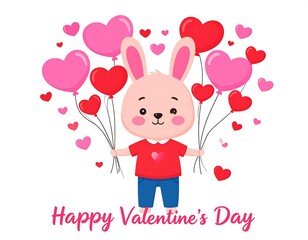 Cartoon bunny holding heart-shaped balloons for Valentine's Day