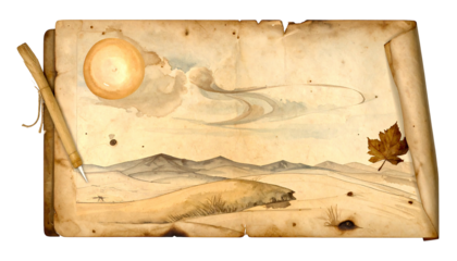 Watercolor landscape drawing on aged parchment paper, with a quill, leaf, and burn marks on the edges