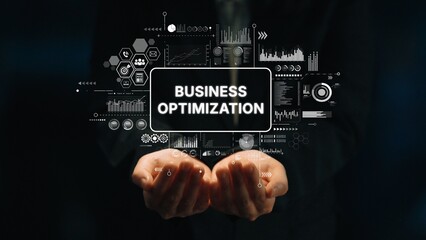 Hands Holding Business Optimization Concept with Data Graphics and Digital Interface Elements for Presentations and Marketing. Asymptotic smart data analytic.