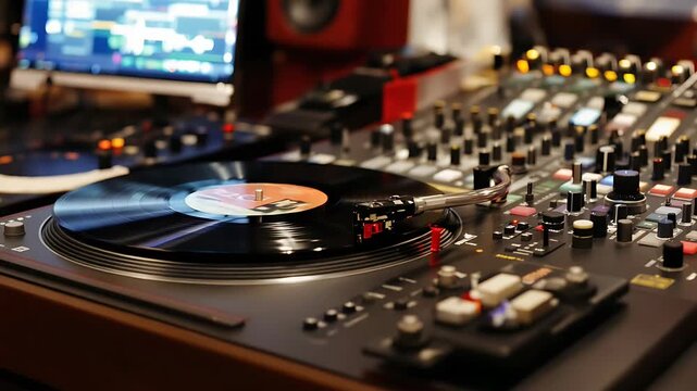 Turntable in Action: Vinyl, Mixer, and Studio Setup