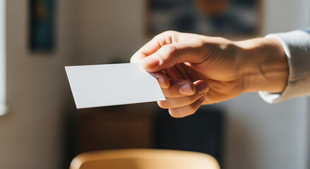 Close up of a hand holding a blank white business card 1.