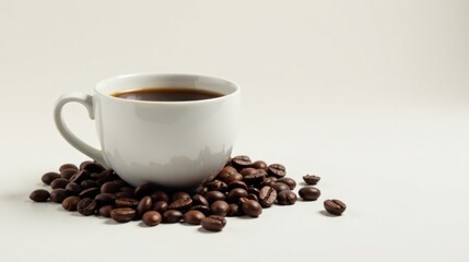 Obraz premium Aromatic Dark Roast Coffee in a Simple White Mug Beside Roasted Coffee Beans