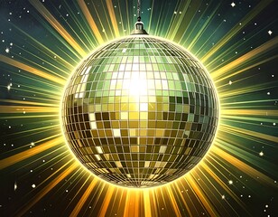 Sparkling disco ball with golden light rays