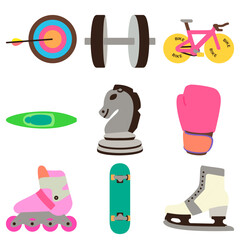 flat design set of archery target, dumbbell, road bike, kayak, chess knight, boxing glove, inline skate, skate board, ice skate