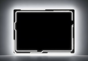 Glowing futuristic frame with a sleek digital border, radiating vibrant light around an empty dark screen for modern technology and immersive sci-fi visuals