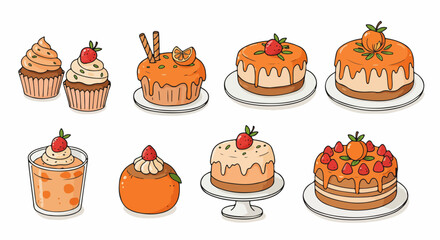Desserts and cakes assortment with strawberry and orange toppings
