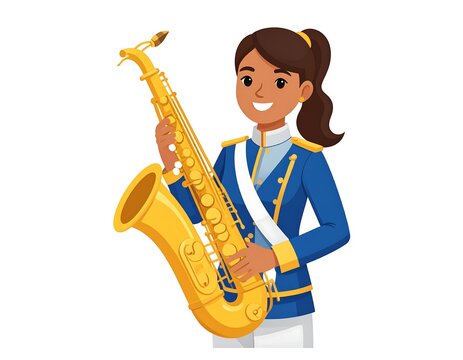 Cartoon of a smiling woman in band uniform playing a saxophone
