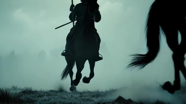 Dramatic low-angle video still of silhouetted medieval knights on horseback charging through mist, evoking a sense of mystery and historical adventure. Live desktop wallpaper.