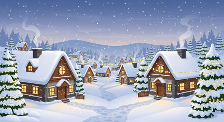 Naklejka premium Snowy village in winter with houses covered in snow and trees around them