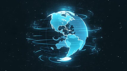 Futuristic glowing digital globe with interconnected data streams and light particles representing global connectivity and advanced technology in a dark blue abstract background - Powered by Adobe