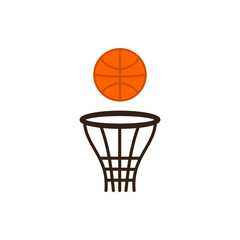 flat design of basketball and a hoop on a white background. An orange basketball with black lines is positioned above a brown basketball hoop with a net. The design is clean and features dark outlines