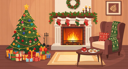 Christmas interior with decorated tree, fireplace and armchair in the room