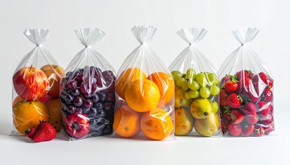 Assorted fresh fruits in transparent plastic bags on white background, including apples, grapes, oranges, pears, and strawberries, ready for healthy eating or grocery shopping.