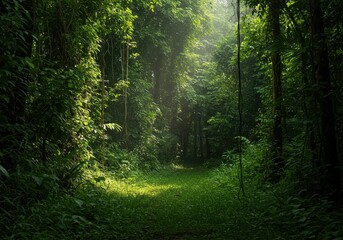 Fototapeta premium Extremely dense jungle vegetation thrives under the intense, humid tropical summer heat. Sunlight filters through the thick, green canopy ,remote ,texture ,mystery