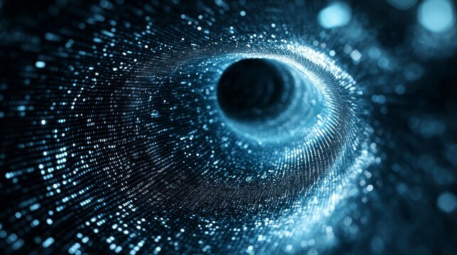 Binary code forming tubular space-time anomaly, wireframe mesh surface with dynamic particle systems, dimensional gateway illusion, technological singularity concept, depth blur, crystalline