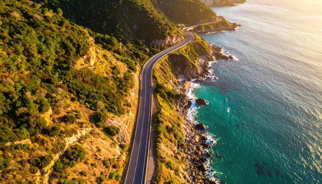Scenic Coastal Highway Winding Along a Rugged Green Hillside Next to the Turquoise Ocean Under Golden Hour Sunlight