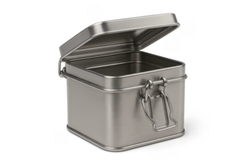 Empty metal brushed tin box opening lid