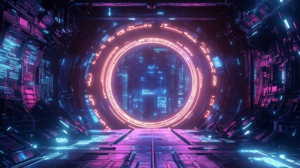 futuristic scene featuring circular magic gate with glowing edges, surrounded by digital HUD projections, neon lights forming UI control system