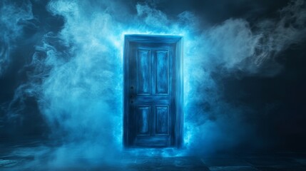 isolated old door painted blue centered inside a clean geometric cube, abstract mist and light particles suggesting a magical climate shift, minimalistic background with copy space