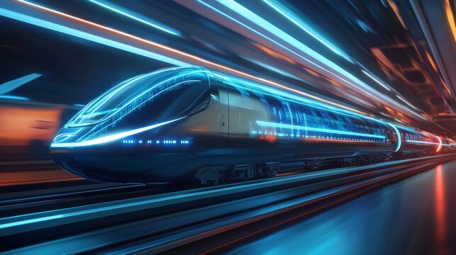 minimalistic futuristic train scene with hyperloop infrastructure, express transit vehicle leaving behind light trails, digital transport theme with abstract environment